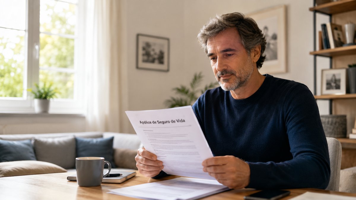 Pessoa lendo apólice de seguro de vida em casa